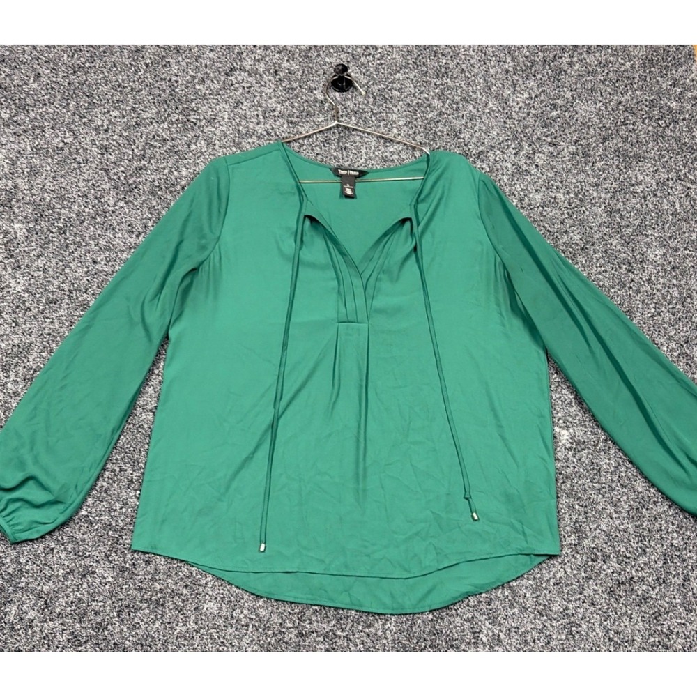 White House Black Market Blouse Womens 14 Green Tie Neck Long Sleeve Workwear